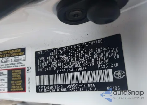 2016 Toyota Camry Le from USA, damaged, VIN 4T1BF1FK4GU540844